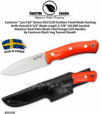 Casstrom "Lars Falt" Knives KS13130 Outdoor Fixed Blade Hunting Knife Flat/Orange G10 Handles Black Veg Tanned Sheath Casstrom "Lars Falt" Knives KS13130 Outdoor Fixed Blade Hunting Knife Flat/Orange G10 Handles Black Veg Tanned Sheath