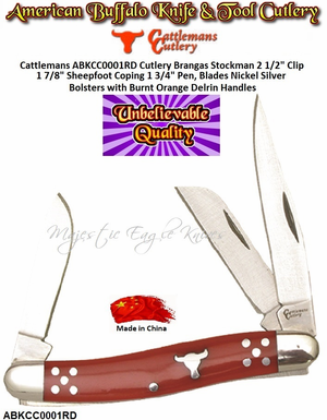 Cattlemans Cutlery ABKCC0001RD Cattleman Red Stockman 2-1/2" Clip 1-7/8" Sheepfoot Coping 1-3/4" Pen, Blades 8Cr13MoV Stainless Steel Blades, Nickel Silver Bolsters and Inlay Shield Red Delrin Handle Pocket Knife Cattlemans Cutlery ABKCC0001RD Cattleman Red Stockman 2-1/2" Clip 1-7/8" Sheepfoot Coping 1-3/4" Pen, Blades 8Cr13MoV Stainless Steel Blades, Nickel Silver Bolsters and Inlay Shield Red Delrin Handle Pocket Knife