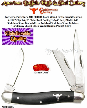Cattleman's Cutlery ABKCC0001 Black Wood Cattleman Stockman 2-1/2" Clip 1-7/8" Sheepfoot Coping 1-3/4" Pen, Blades 440 Stainless Steel Blade Mirror Polished Stainless Steel Bolsters and Inlay Shield Smooth Black Wood Handle Pocket Knife Cattleman's Cutlery ABKCC0001 Black Wood Cattleman Stockman 2-1/2" Clip 1-7/8" Sheepfoot Coping 1-3/4" Pen, Blades 440 Stainless Steel Blade Mirror Polished Stainless Steel Bolsters and Inlay Shield Smooth Black Wood Handle Pocket Knife