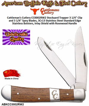 Cattleman's Cutlery ABKCC0002RW2 Stockyard Trapper 3 1/4" Clip and 3 1/4" Spey Blades, 3Cr13 Stainless Steel Standard Edge Stainless Bolsters, Inlay Shield with Rosewood Handle Cattleman's Cutlery ABKCC0002RW2 Stockyard Trapper 3 1/4" Clip and 3 1/4" Spey Blades, 3Cr13 Stainless Steel Standard Edge Stainless Bolsters, Inlay Shield with Rosewood Handle