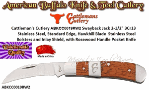 Cattleman's Cutlery ABKCC0019RW2 Swayback Jack 2-1/2" 3Cr13 Stainless Steel, Standard Edge, Hawkbill Blade Stainless Steel Bolsters and Inlay Shield, with Rosewood Handle Pocket Knife Cattleman's Cutlery ABKCC0019RW2 Swayback Jack 2-1/2" 3Cr13 Stainless Steel, Standard Edge, Hawkbill Blade Stainless Steel Bolsters and Inlay Shield, with Rosewood Handle Pocket Knife