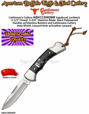 Cattleman's Cutlery ABKCC0092BW Sagebrush Lockback 3-1/2" Closed. 2-3/4" Stainless Blade. Black Pakkawood Handles w/Stainless Bolsters and Cattlemans Cutlery Inlay Shield. Lanyard Hole w/Leather Lanyard