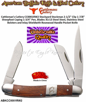 Cattlemans ABKCC0001RW2 Stockyard Stockman 2-1/2" Clip 1-7/8" Sheepfoot Coping 1-3/4" Pen, Blades 3Cr13 Stainless Steel, Bolsters and Iinlay Shield Rosewood Handle Pocket Knife Cattlemans ABKCC0001RW2 Stockyard Stockman 2-1/2" Clip 1-7/8" Sheepfoot Coping 1-3/4" Pen, Blades 3Cr13 Stainless Steel, Bolsters and Iinlay Shield Rosewood Handle Pocket Knife
