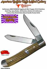Cattlemans ABKCC0008ZW Sagebrush Mini Trapper 3Cr13 Stainless Long Clip, Sheepsfoot & Spey Blades. W/Stainless Bolsters & Cattlemans Cutlery Inlay Shield Zebra Wood Handle Pocket Knife Cattlemans ABKCC0008ZW Sagebrush Mini Trapper 3Cr13 Stainless Long Clip, Sheepsfoot & Spey Blades. W/Stainless Bolsters & Cattlemans Cutlery Inlay Shield Zebra Wood Handle Pocket Knife