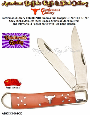 Cattlemans Cutlery ABK0002OD Brahma Bull Trapper 3-1/4" Clip 3-1/4" Spey 3Cr13 Stainless Steel Blades, Nickel Silver Bolsters and Inlay Shield Pocket Knife with Orange Delrin Handle