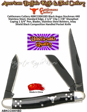 Cattlemans Cutlery ABKCC0001BD Black Angus Stockman 1065 Carbon Steel, Standard Edge, 2 1/2" Clip 1 7/8" Sheepfoot Coping 1 3/4" Pen, Blades, stainless steel bolsters, Inlay Shield Black Composition Handles Cattlemans Cutlery ABKCC0001BD Black Angus Stockman 1065 Carbon Steel, Standard Edge, 2 1/2" Clip 1 7/8" Sheepfoot Coping 1 3/4" Pen, Blades, stainless steel bolsters, Inlay Shield Black Composition Handles