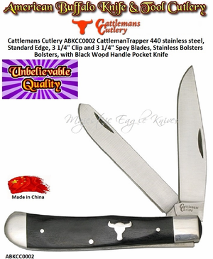 Cattlemans Cutlery ABKCC0002 Cattleman Trapper 440 stainless steel, Standard Edge, 3 1/4" Clip and 3 1/4" Spey Blades, Stainless Bolsters Bolsters, with Black Wood Handle Pocket Knife Cattlemans Cutlery ABKCC0002 Cattleman Trapper 440 stainless steel, Standard Edge, 3 1/4" Clip and 3 1/4" Spey Blades, Stainless Bolsters Bolsters, with Black Wood Handle Pocket Knife
