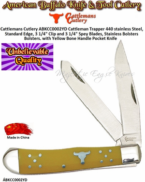 Cattlemans Cutlery ABKCC0002YD Cattleman Trapper 440 Stainless Steel, Standard Edge, 3 1/4" Clip and 3 1/4" Spey Blades, Stainless Bolsters with Yellow Bone Handle Pocket Knife Cattlemans Cutlery ABKCC0002YD Cattleman Trapper 440 Stainless Steel, Standard Edge, 3 1/4" Clip and 3 1/4" Spey Blades, Stainless Bolsters with Yellow Bone Handle Pocket Knife