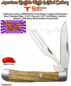 Cattlemans Cutlery ABKCC0094ZW Chuck Wagon Trapper 440 stainless steel, Standard Edge, 3 1/4" Clip and 3 1/4" Fork Blades, Stainless Bolsters, with Zebra Wood Handle Pocket Knife