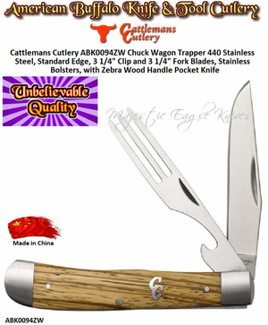 Cattlemans Cutlery ABKCC0094ZW Chuck Wagon Trapper 440 stainless steel, Standard Edge, 3 1/4" Clip and 3 1/4" Fork Blades, Stainless Bolsters, with Zebra Wood Handle Pocket Knife Cattlemans Cutlery ABKCC0094ZW Chuck Wagon Trapper 440 stainless steel, Standard Edge, 3 1/4" Clip and 3 1/4" Fork Blades, Stainless Bolsters, with Zebra Wood Handle Pocket Knife
