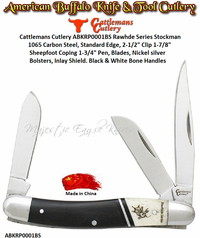 Cattlemans Cutlery ABKRP0001BS Rawhde Series Stockmaan 2-1/2" Clip 1-7/8" Sheepfoot Coping 1-3/4" Pen, Blades 1065 Carbon Steel, Standard Edge Nickel silver bolsters, Inlay Shield. Black & White Bone Handle Pocket Knife Cattlemans Cutlery ABKRP0001BS Rawhde Series Stockmaan 2-1/2" Clip 1-7/8" Sheepfoot Coping 1-3/4" Pen, Blades 1065 Carbon Steel, Standard Edge Nickel silver bolsters, Inlay Shield. Black & White Bone Handle Pocket Knife
