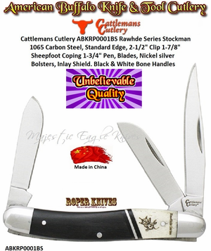 Cattlemans Cutlery ABKRP0001BS Rawhde Series Stockmaan 2-1/2" Clip 1-7/8" Sheepfoot Coping 1-3/4" Pen, Blades 1065 Carbon Steel, Standard Edge Nickel silver bolsters, Inlay Shield. Black & White Bone Handle Pocket Knife Cattlemans Cutlery ABKRP0001BS Rawhde Series Stockmaan 2-1/2" Clip 1-7/8" Sheepfoot Coping 1-3/4" Pen, Blades 1065 Carbon Steel, Standard Edge Nickel silver bolsters, Inlay Shield. Black & White Bone Handle Pocket Knife