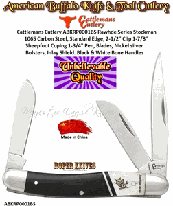 Cattlemans Cutlery ABKRP0001BS Rawhde Series Stockmaan 2-1/2" Clip 1-7/8" Sheepfoot Coping 1-3/4" Pen, Blades 1065 Carbon Steel, Standard Edge Nickel silver bolsters, Inlay Shield. Black & White Bone Handle Pocket Knife
