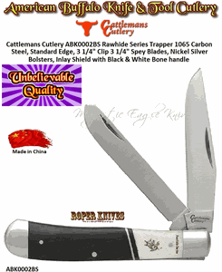 Cattlemans Cutlery ABKRP0002BS Rawhde Series Trapper 3 1/4" Clip 3 1/4" Spey Blades 1065 Carbon Steel, Standard Edge Nickel silver bolsters, Inlay Shield. Black & White Bone Handle Pocket Knife