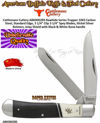 Cattlemans Cutlery ABKRP0002BS Rawhde Series Trapper 3 1/4" Clip 3 1/4" Spey Blades 1065 Carbon Steel, Standard Edge Nickel silver bolsters, Inlay Shield. Black & White Bone Handle Pocket Knife Cattlemans Cutlery ABKRP0002BS Rawhde Series Trapper 3 1/4" Clip 3 1/4" Spey Blades 1065 Carbon Steel, Standard Edge Nickel silver bolsters, Inlay Shield. Black & White Bone Handle Pocket Knife