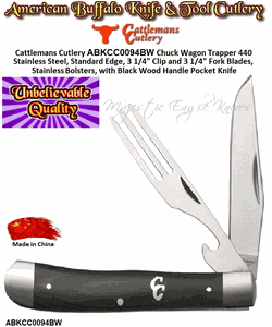 Cattlemans Cutlery Chuck Wagon ABKCC0094BW Trapper 440 stainless steel, Standard Edge, 3 1/4" Clip and 3 1/4" Fork Blades, Stainless Bolsters Bolsters, with Black Wood Handle Pocket Knife Cattlemans Cutlery Chuck Wagon ABKCC0094BW Trapper 440 stainless steel, Standard Edge, 3 1/4" Clip and 3 1/4" Fork Blades, Stainless Bolsters Bolsters, with Black Wood Handle Pocket Knife
