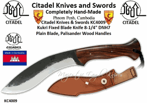 Citadel Knives & Swords KC4009 Kukri Fixed Blade knife 8-1/4" DNH7 Plain Blade, Palisander Wood Handles Brown Leather Sheath
