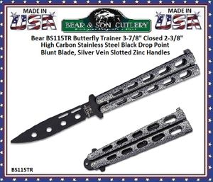 Bear & Son Cutlery BS115TR Butterfly Knife Trainer 5" Closed 3-3/8" Black Drop Point Blunt Blade, Silver Vein Slotted Zinc Handles Bear & Son Cutlery BS115TR Butterfly Knife Trainer 5" Closed 3-3/8" Black Drop Point Blunt Blade, Silver Vein Slotted Zinc Handles