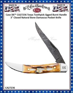 W.R. Case & Sons Cutlery CA27236 Case XX Texas Toothpick Jigged Burnt Handle 3" Closed Natural Bone Damascus Pocket Knife 