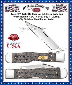 W.R. Case & Sons Cutlery CA14013 Case XX� Cheetah Cub Black Curly Oak Wood Handle 3-1/2" Closed 2-3/4" Locking Clip Blade Stainless Steel Pocket Knife