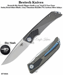 Bestech Knives BT1804A Bestech Sky Hawk Flipper Knife 3.54" S35VN Two-Tone Satin/Bead-Blast Blade, Gray Titanium Handles with Carbon Fiber Inlays