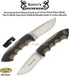Browning Cutlery BR3220225 Browning Steel Sharp Fixed 3.25" Drop Point Blade, Tan Injection Molded Handles, Nylon Sheath