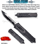 Delta Force MOTFM40-S Medium OTF Carbon Fiber Black Double Serrated Edge Spear Point, Blade Tactical Reinforced Aluminum Housing, Powder Coated Comfort Grip Handle Automatic Pocket Knife. 7" Overall 2-3/4" Heat Treated Stainless Steel, Silver/Black Serrated Blade w/Sheath