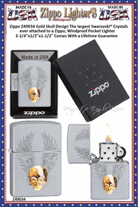 Zippo Windproof Lighter Z49034 Zippo Gold Skull Design The largest Swarovski� Crystals ever attached to a Zippo, Windproof Pocket Lighter 2-1/4"x1/2"x1-1/2" Comes With a Lifetime Guarantee