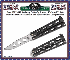 Bear & Son BS113BTR Bear Balisong Butterfly Knife 4" Closed 3-1/2" Plain Blade Black Stainless Steel Handled