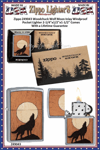 Zippo Windproof Lighter Z49043 Zippo Woodchuck Wolf Moon Inlay Windproof Pocket Lighter 2-1/4"x1/2"x1-1/2" Comes With a Lifetime Guarantee