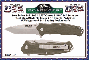Bear & Son BS61102 4 1/2" Closed 3-3/8" 440 Stainless Steel Plain Blade Od Green G10 Handles Sideliner W/Trigger And Ball Bearing Pocket Knife
