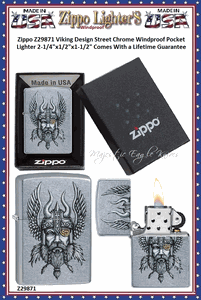 Zippo Windproof Lighter Z29871 Zippo Viking Design Street Chrome Windproof Pocket Lighter 2-1/4"x1/2"x1-1/2" Comes With a Lifetime Guarantee