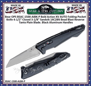 Bear & Son Cutlery BSAC-1500-AIBK-P Bear OPS Bold Action XV AUTO Folding Pocket Knife 4-1/2" Closed 3-1/16" Sandvik 14C28N Bead Blast Reverse Tanto Plain Blade, Black Aluminum Handles 