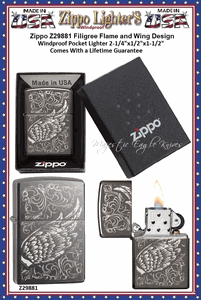 Zippo Windproof Lighter Z29881 Zippo Filigree Flame and Wing Design Windproof Pocket Lighter 2-1/4"x1/2"x1-1/2" Comes With a Lifetime Guarantee  