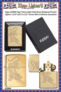 Zippo Windproof Lighter Z29884 Zippo Tiger Tattoo High Polish Brass Windproof Pocket Lighter 2-1/4"x1/2"x1-1/2" Comes With a Lifetime Guarantee