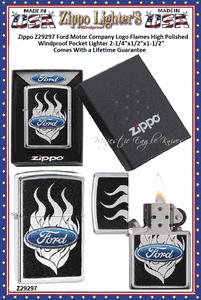 Zippo Windproof Lighter Z29297 Zippo Ford Motor Company Logo Flames High Polished Windproof Pocket Lighter 2-1/4"x1/2"x1-1/2" Comes With a Lifetime Guarantee 