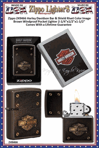 Zippo Windproof Lighter Z49466 Zippo Harley Davidson Bar & Shield Rivet Color Image Brown Windproof Pocket Lighter 2-1/4"x1/2"x1-1/2" Comes With a Lifetime Guarantee 