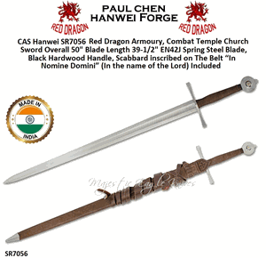 CAS Hanwei SR7056 Red Dragon Armoury, Combat Temple Church Sword Overall 50" Blade Length 39-1/2" EN42J Spring Steel Blade, Black Hardwood Handle, Scabbard inscribed on The Belt �In Nomine Domini� (In the name of the Lord) Included