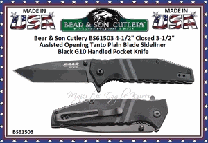 Bear & Son Cutlery BS61503 4-1/2" Closed 3-1/2" Assisted Opening Tanto Plain Blade Sideliner Black G10 Handled Pocket Knife 
