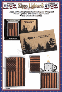 Zippo Windproof Lighter Z29966 Flag Woodchuck Mahogany Windproof Pocket Lighter 2-1/4"x1/2"x1-1/2" Comes With a Lifetime Guarantee