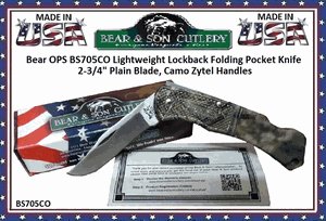 Bear & Son Cutlery Bear OPS BS705CO Lightweight Lock back Folding Pocket Knife 3-3/4" Closed 2-3/4" High Carbon Stainless Steel Plain Blade, Camo Zytel Handles