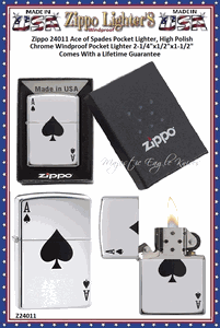 Zippo Windproof Lighter Z24011 Zippo Ace of Spades Pocket Lighter, High Polish Chrome Windproof Pocket Lighter 2-1/4"x1/2"x1-1/2" Comes With a Lifetime Guarantee 