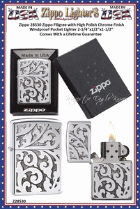 Zippo Windproof Lighter Z28530 Zippo Filigree Design with High Polished Chrome Finish Windproof Pocket Lighter 2-1/4"x1/2"x1-1/2" Comes With a Lifetime Guarantee    