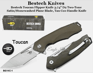 Bestech Knives BG14C-1 Bestech Toucan Flipper Knife 3.74" D2 Two-Tone Satin/Stonewashed Blade, Tan G10 Handle Knife
