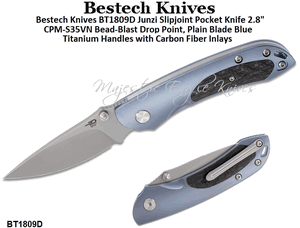 Bestech Knives BT1809D Junzi Slipjoint Pocket Knife 2.8" Bead-Blast Drop Point, Plain Blade Blue Titanium Handles with Carbon Fiber Inlays  