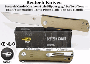 Bestech Knives BG06C-1 Bestech Kendo Kwaiken-Style Flipper 3.75" D2 Two-Tone Satin/Stonewashed Tanto Blade, Tan G10 Handle Knife