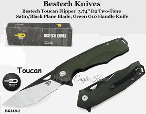Bestech Knives BG14B-2 Bestech Toucan Flipper Knife 3.74" D2 Two-Tone Satin/Black Blade, Green G10 Handle Knife