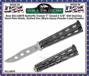 Bear & Son Cutlery BS114BTR Bear Butterfly Trainer 5" Closed 3-5/8" Plain Blade Black Stainless Steel Handles 