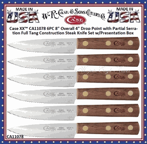  W.R. Case & Sons Cutlery CA11078 Case XX� 6PC 8" Overall 4" Drop Point with Partial Serration Full Tang Construction Steak Knife Set w/Presentation Box