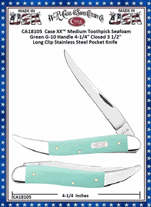 W.R. Case & Sons Cutlery CA18105 Case XX™ Medium Toothpick Seafoam Green G-10 Handle 4-1/4" Closed 3 1/2" Long Clip Stainless Steel Pocket Knife W.R. Case & Sons Cutlery CA18105 Case XX™ Medium Toothpick Seafoam Green G-10 Handle 4-1/4" Closed 3 1/2" Long Clip Stainless Steel Pocket Knife